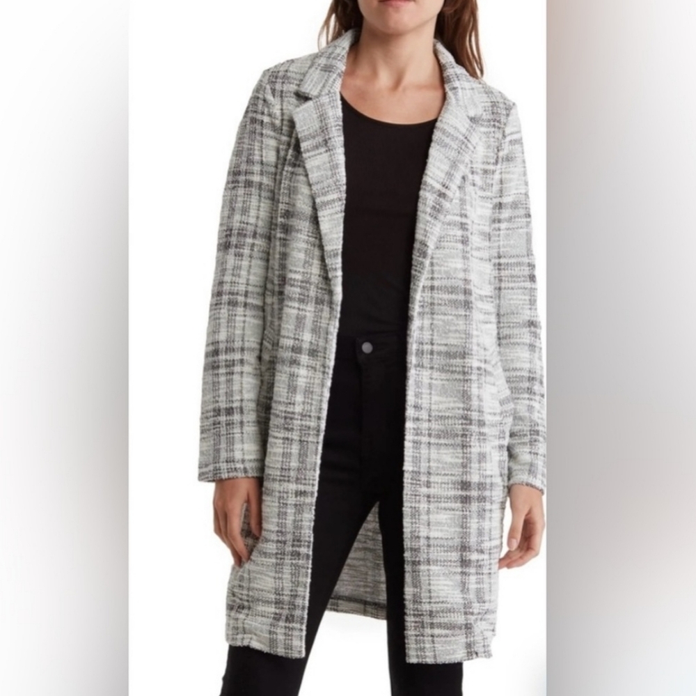 Melloday Long Plaid Coat Jacket Size L – Gray White Black
